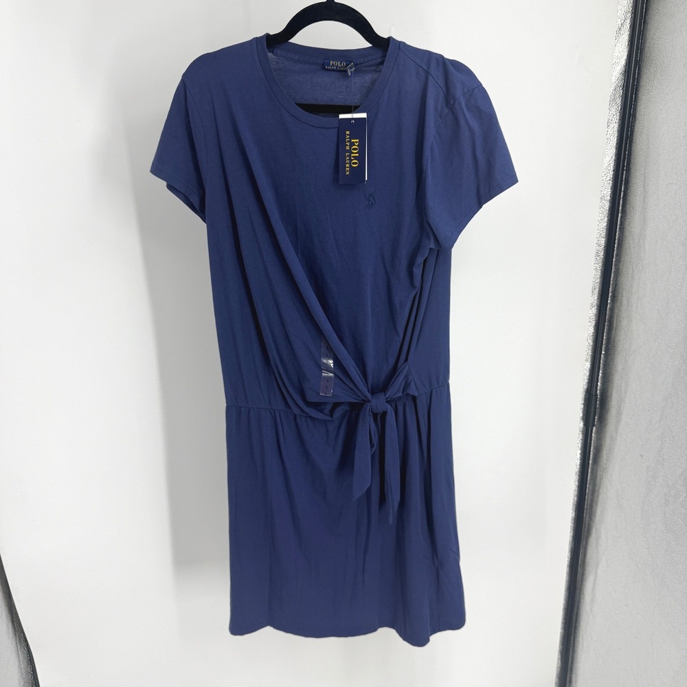 Polo Ralph Lauren Navy Blue Side Tie Cotton T-Shirt Dress Large NEW